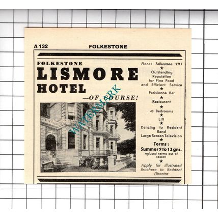 Lismore Hotel Folkestone Kent / Continental-Wampach Sargent Advert -1958 Cutting
