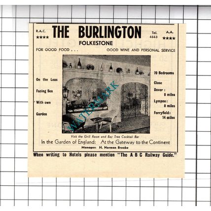 The Burlington Hotel Folkestone Kent Norman Brooke Small Advert - 1958 Cutting