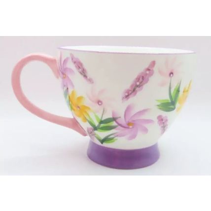 Floral Large Ceramic Cup with Pink Handle Fine China 9.5 CM Gift Tableware