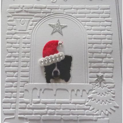 BORDER COLLIE HAND MADE 6" X 6" CHRISTMAS CARD WITH A FELT HAT