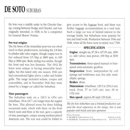 Collectors Club card. Classic Cars. De Soto Suburban