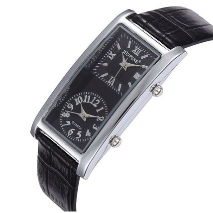 Long Black Dual Time Face Stainless Steel Back Black Leather Strap Watch