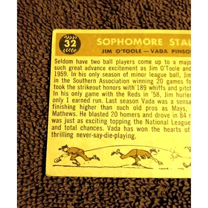 1960 Topps 32 Sophomore Stalwarts Jim O'Toole - Vada Pinson 3.5 VG+ Creases