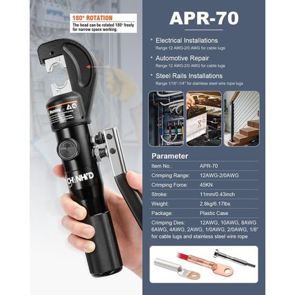 Hand Operated Hydraulic Crimping Tool Hydraulic Cable Lug Crimper 8 US TON 12 AW