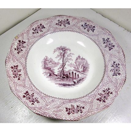 Vintage Wedgewood Transferware Bowl Purple Scene Trees Bridge 10" Ceramic