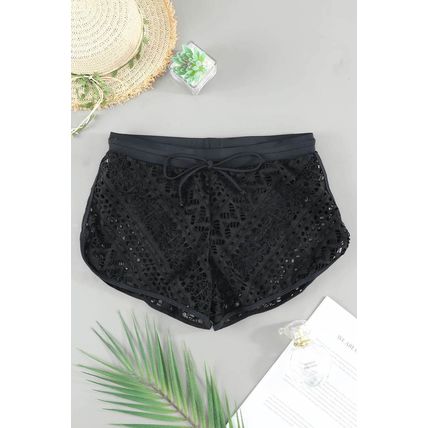 Black Hollow Out Lace Overlay Swim Short Bottom