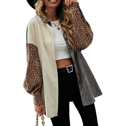 Gray Color Block Leopard Patched Corduroy Shacket