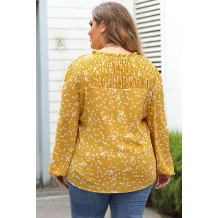 Yellow Plus Size Floral Print Ruched Split Neck Blouse