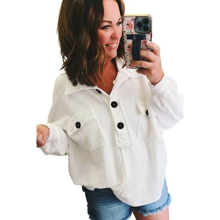 White Plus Size Long Sleeve Flap Pocket Henley Top