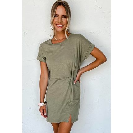 Laurel Green Folded Sleeve Twisted Mini T-Shirt Dress
