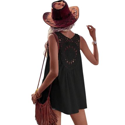Black Bohemian Crochet Patchwork Sleeveless Tunic