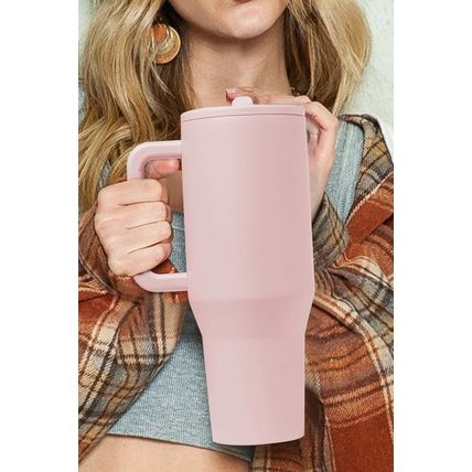 Light Pink Frosted Stainless Handle Large Vacuum Cup with Straw 40oz