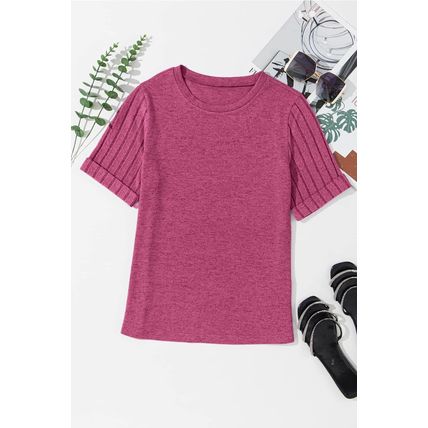 Bright Pink Ribbed Splicing Sleeve Round Neck T-shirt