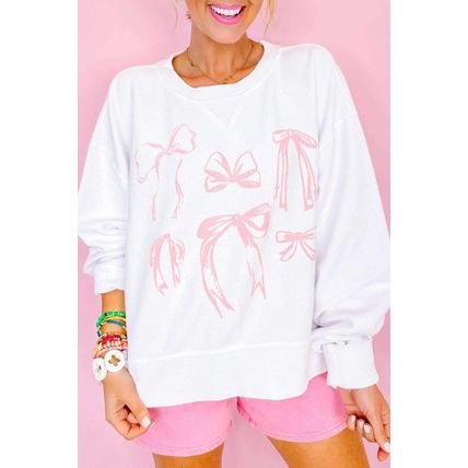 White Bowknot Pattern Corded Long Sleeve Drop Shoulder Top