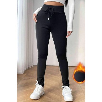 Black Solid Drawstring Waist Thermal Lined Leggings