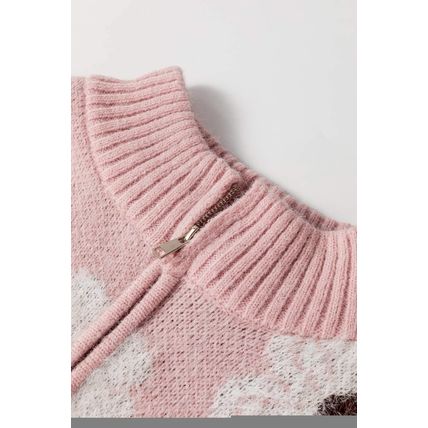 Pink Floral Pattern Half Zip Drop Shoulder Sweater