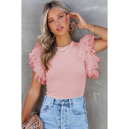 Pink Dotty Mesh Ruffle Sleeve Ribbed Knit Top