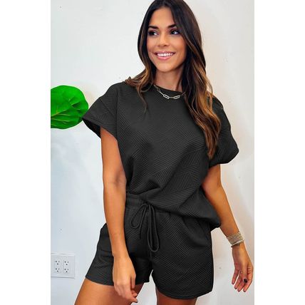 Black 2pcs Solid Textured Drawstring Shorts Set