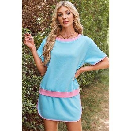 Turquoise Colorblock Edge Drop Shoulder T Shirt and Skort 2Pcs Set