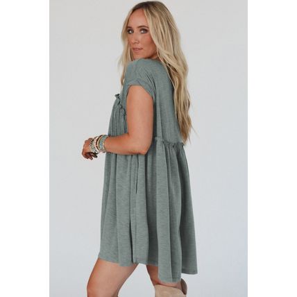 Mist Green Frilled Gathered Seam Round Neck T Shirt Dress