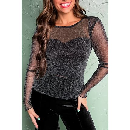 Black Metallic Glitter Mesh Long Sleeve Top