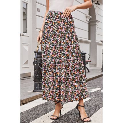 Brown Leopard Floral Reversible Ruffle Hem Maxi Skirt