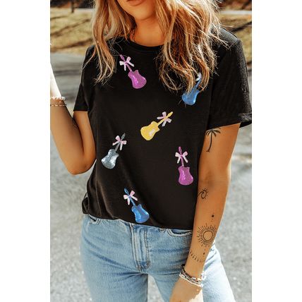 Black Sequined Bow Guitar Country Music Festival Casual Tee