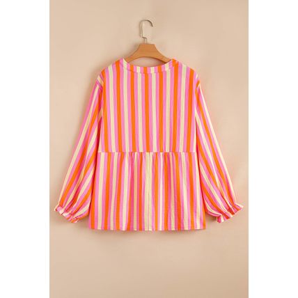 Pink Stripe Crinkled Half Buttons V Neck Plus Size Blouse