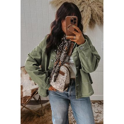 Smoke Green Patched Pocket Collared Button Front Boyfriend Denim Jacket