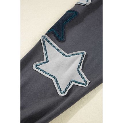 Carbon Grey Star Patchwork Contrast Stitching Mineral Wash Kangaroo Pocket Vinta