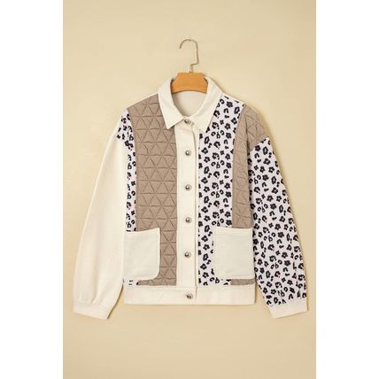 Khaki Leopard Waffle Quilted Patchwork Button Front Jacket