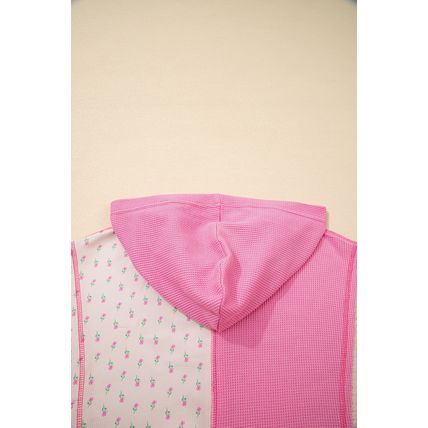 Pink Mixed Texture Waffle Floral Patchwork Hooded Oversize Pullover