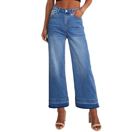 Sail Blue Raw Hem Straight Leg Loose High Waist Jeans