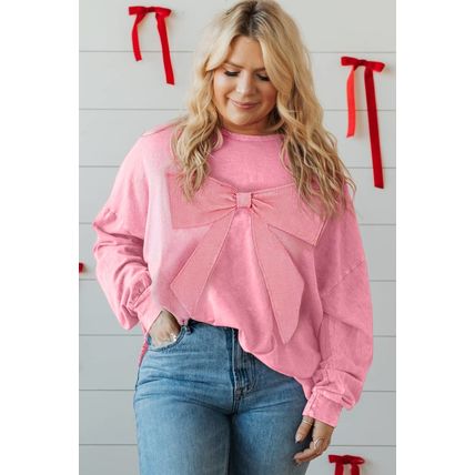 Bonbon Waffle Bowknot Patchwork Graphic Mineral Wash Plus Size Sweatshirt