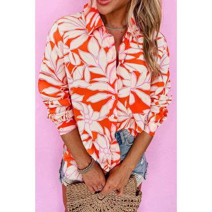 Orange Botanical Print Single Chest Pocket Button Up Shirt