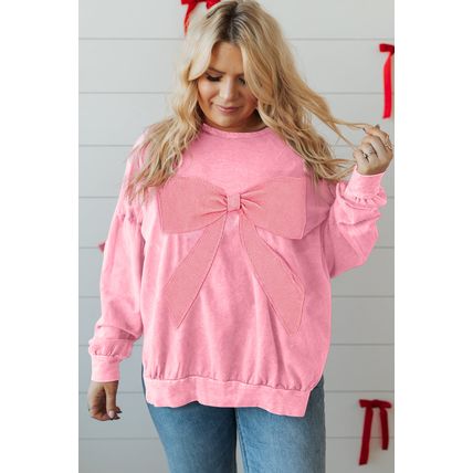 Bonbon Waffle Bowknot Patchwork Graphic Mineral Wash Plus Size Sweatshirt