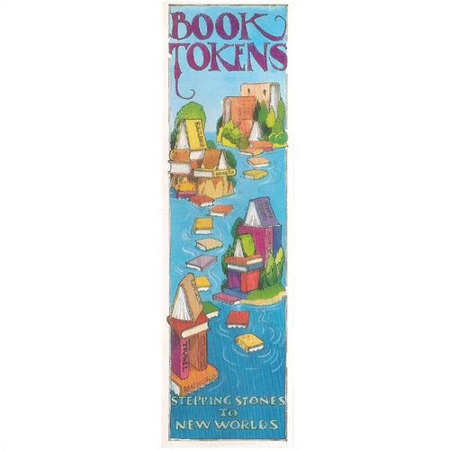 A colourful 'BOOK TOKENS' bookmark c.1975/80s card Stepping stones to New World=