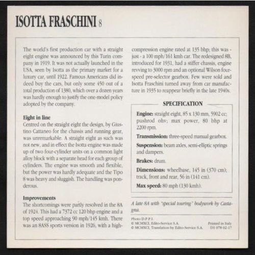 1919 to 1935 ISOTTA FRASCHINI 8 Classic Car Photograph and Information Card