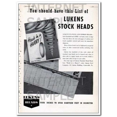 LUKENS STEEL COMPANY 1948 Flanged Dished stock heads vintage ad