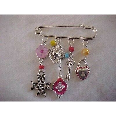 Skeleton Key Pin Charm Pin Safety Pin Heart Cross Flowers Pink Beaded 2"