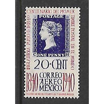 MEXICO 1940 CENT FIRST ADHESIVE POSTAGE STAMP 20c VIOLET & RED SG650 M / MINT