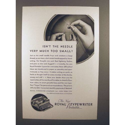 1930 Royal Portable Typewriter Ad - Needle Too Small