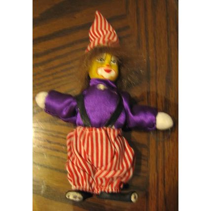NEW HANDPAINTED CIRCUS CLOWN FACE SILKY PURPLE RED WHITE STRIPED CLOTH DOLL