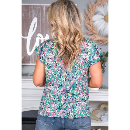 Sky Blue Floral Print Ruffled Short Sleeve Babydoll Top
