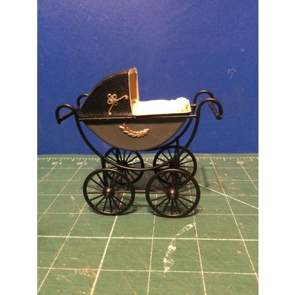 Grey Dressed Pram (B) 1:12th Dolls House Miniature
