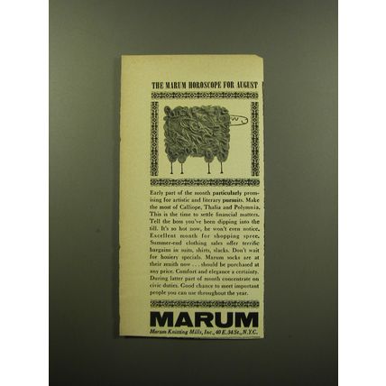 1959 Marum Hosiery Ad - The Marum Horoscope for August
