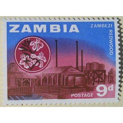 Zambia 1964 9d Zambezi Sawmills & Redwood Unmounted Mint NHM SG 100 Sc 10 stamp