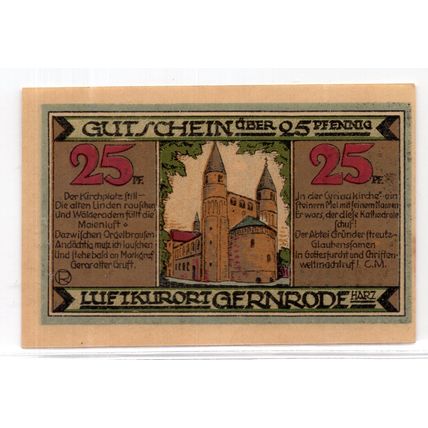 1921 Germany Gernrode Notgeld 25 Pfennig Note (1351)