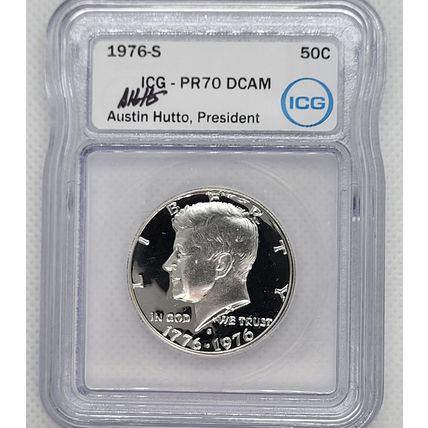 1976 S Silver Kennedy Half Dollar ICG PR70 DCAM Signed Austin Hutto (President)