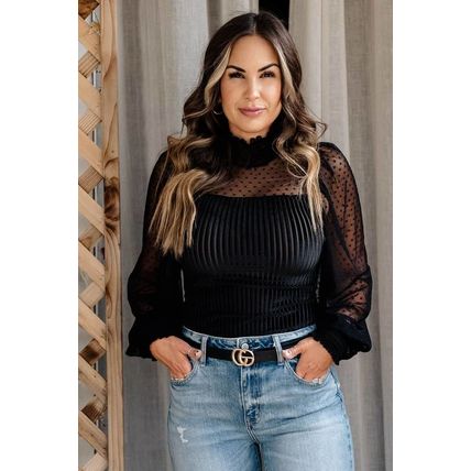 Black Sheer Dotty Long Sleeve Ribbed Velvet Bodysuit